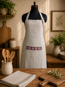 Tablier en lin de qualité supérieure |   Tablier en lin beige naturel avec poche décorative brodée sur le devant |   Tablier de cuisine réglable - Product Image 4