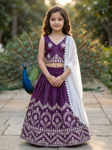 Shoryam mode filles violet taffetas soie Lehenga Choli brodé longueur au sol haut court jupe ensemble vêtements ethniques traditionnels pour - Product Image 2