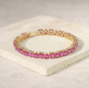 Heart Shape Lab Grown Pink Sapphire Charm <b>Bracelet</b> in Sterling Silver Gold Plated Luxury Jewelry for Women - Product Image 3