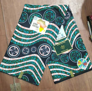 Black Teal Premium African Wax Print Ankara Fabric with Circular Wave Pattern for Women Dressmaking - Product Image 1