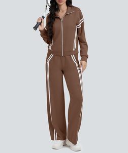 Conjunto deportivo de 2 piezas para mujer, color marrón, con cremallera, cuello vuelto, chaqueta a rayas y pantalones largos - Product Image 5