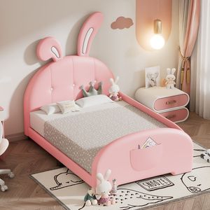 Twin Size Pink <b>Rabbit</b> Shape Princess <b>Bed</b> Upholstered Platform <b>Bed</b> with Headboard and Footboard for Kids Old SKU WF311629AAH - Product Image 1