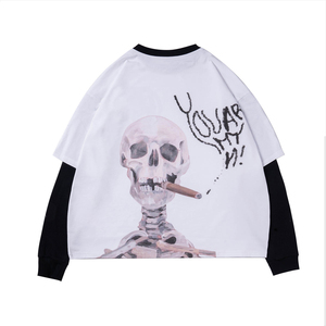 <b>Men's</b> Oversized Long Sleeve T-<b>Shirt</b> <b>Skull</b> Print Contrast Trim Street Style O-Neck Cotton Knitted Fit - Product Image 1