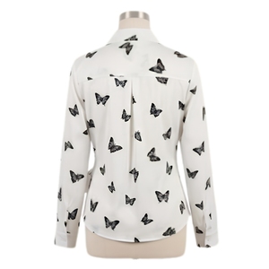 Butterfly Print Wrap <b>Blouse</b> Long Sleeve V-Neck White Women's Top - Product Image 2