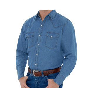 Camisa de mezclilla ajustada para hombre, manga larga, algodón elástico, estilo moderno, informal, con botones, para oficina, ocio y fin de semana. - Product Image 3