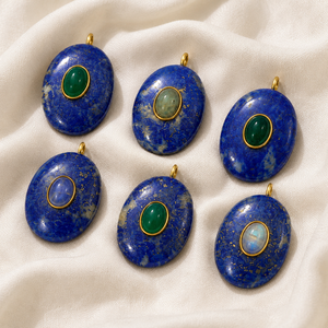 Pendentifs ovales tendance faits à la main en lapis-lazuli, breloques en pierres précieuses mélangées, cabochons en pierre naturelle dorée, bijoux en pierre naturelle en gros - Product Image 5