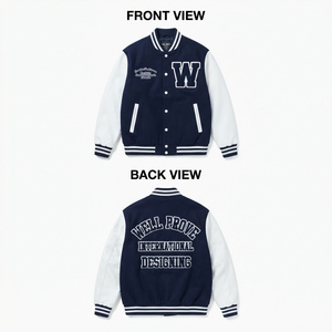 Mens Varsity <b>Jacket</b> <b>Navy</b> Blue White Contrast Sleeves 650GSM Wool Breathable Winter Cotton Lining - Product Image 1
