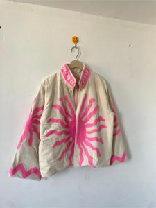bohemian White <b>Velvet</b> Suzani <b>Jacket</b> With Pink Sun Embroidery Pattern Full Sleeve Stand Collar Bohemian <b>Women's</b> Autumn Outerwear - Product Image 6