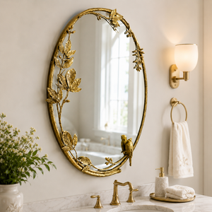 Miroir mural ovale doré avec cadre décoratif à feuilles botaniques et oiseaux, miroir antique pour salle de bain, salon, décoration murale - Product Image 2