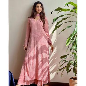 TOP DE TRABAJO DE HILO BORDADO GEORGETTE DE MODA PALAZZO CON DUPATTA ROSA - Product Image 1