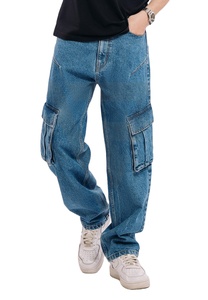 Pantalon cargo baggy pour homme, coupe droite, bleu foncé, tissé, respirant, avec décoration délavée, taille mi-haute, coupe ample, prix ultra bas, en stock - Product Image 3