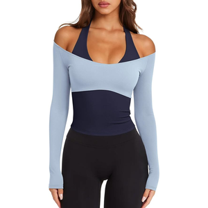 Haut de yoga à manches longues pour femme, color block, col en V profond, découpes, tenue de sport, manches complètes, Spandex Polyester - Product Image 2