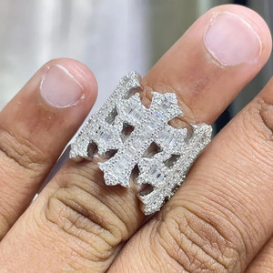 <b>Cross</b> <b>Mens</b> Baguette and Round Moissanite Diamond Ring, HipHop Ring with <b>Cross</b> Diamond Gift for him, Customized Ring - Product Image 1