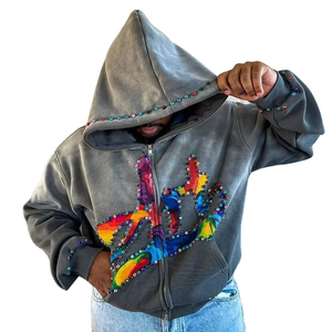 Sudadera con capucha extragrande de algodón 100% con pedrería y lavado ácido para hombre, con cremallera y estampado personalizado, estilo boxy y efecto desgastado. - Product Image 6