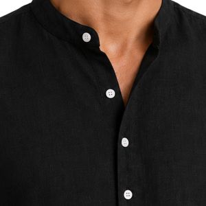 Camisa Henley de Lino Mezclado con Cuello Mandarín para Hombre, Negra, Manga Corta, Casual, Verano, Transpirable, con Botones, Personalizable OEM - Product Image 4