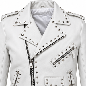White PU <b>Leather</b> Winter Casual Motorcycle <b>Jacket</b> Men <b>Women</b> Studded Biker <b>Moto</b> Zipper Crew Neck Satin Lining Waterproof Windproof - Product Image 3