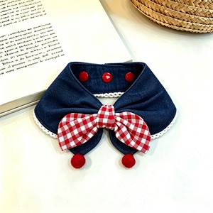 Pet Collar Bib Red <b>Bow</b> Lace Trim Pom Pom Snap Buttons Daily Wear Outdoor Walk Birt Snap Buttons Daily Wear Outdoor Walk - Product Image 5