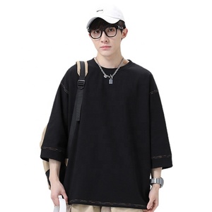 Camiseta unisex de mezcla de algodón con costuras en contraste, manga tipo brazalete, hombros caídos, cuello redondo, camiseta de manga tres cuartos para hombre y mujer - Product Image 5