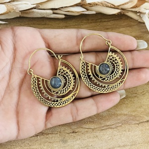 Nuevos Aretes de Aro Geométricos Boho, Joyería Tribal de Latón para Mujer, Acabado de Latón Antiguo, Labradorita Étnica, Venta al por Mayor/OEM/ODM - Product Image 2