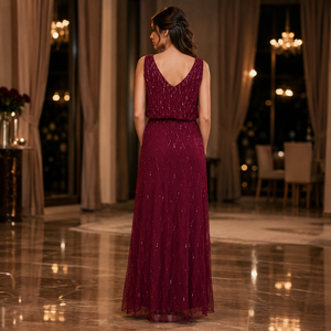 Vestido de Noche de Lentejuelas Borgoña de Lujo para Mujer, Elegante Vestido Largo sin Mangas con Cuello en V, Ropa de Fiesta Premium, Vestido Formal para Invitadas de Boda - Product Image 2