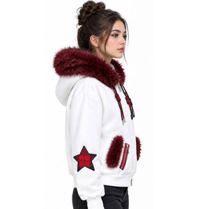 Sudadera con Capucha Blanca con Cierre y Forro de Piel Sintética Roja, Estrellas Bordadas, Chaqueta Casual Cálida de Invierno para Mujer - Product Image 4