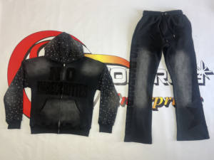 Heavyweight Puff Print <b>Zip</b> <b>up</b> <b>Hoodie</b> and Flared Sweatpants 100% Cotton Acid Wash Tracksuits for Men distressed embroidery - Product Image 2