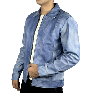 Blouson bomber en PU bleu pour homme, col rabattu, fermeture éclair, coupe décontractée, vêtement d'automne - Product Image 3