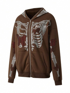 Sudadera con capucha para hombre de algodón polar marrón con cremallera completa, pedrería, estilo urbano, logotipo personalizado, estilo vintage, con cremallera completa, EE. UU. - Product Image 3