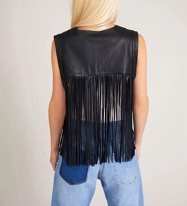Chaleco Corto sin Mangas de Cuero Genuino para Mujer de Lenova Industries, con Decoración de Flecos, Cuello Extendido, Cinturón Repujado, Estilo Motociclista, Otoño - Product Image 1
