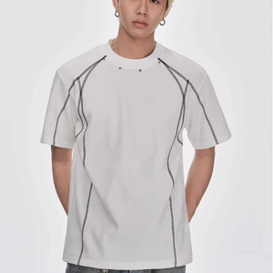 T-shirt blanc surdimensionné pour homme, manches courtes, col rond tricoté, bordure contrastante, style streetwear, couleur unie - Product Image 1