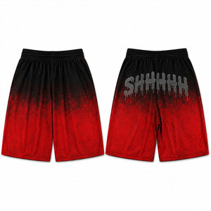 Shorts pour homme dégradé rouge et noir, taille élastique, logo pailleté au dos, style streetwear, séchage rapide, tissu tricoté - Product Image 1