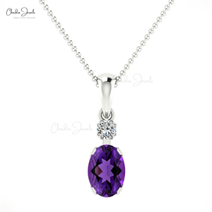 Produits Tendances : Pendentif en Améthyste Taille Ovale 7x5mm avec Accent Diamant en Or Massif 14k – Vente en Gros de Bijoux de Mariage - Product Image 1