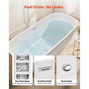 Vasca da Bagno Freestanding Contemporanea in Acrilico da 67 Pollici, Elegante Forma Ovale, Bianca con Scarico Cromato Lucido - Product Image 4