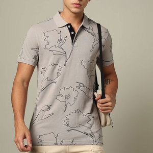 Men's Gray Floral Print Short Sleeve Polo Shirt Cotton Casual Style Breathable Regular Fit <b>Low</b> MOQ Men's Polo Shirts - Product Image 1