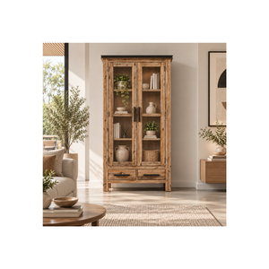 Mueble de Salón Moderno de Madera de Acacia de la Colección ATLAS con Puertas de Vidrio, Estantes de Exhibición y Cajones de Almacenamiento Inferiores - Product Image 1