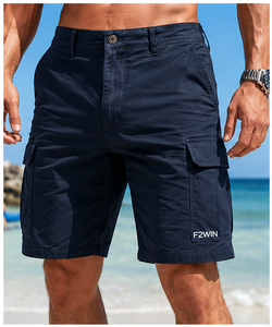 Shorts cargo homme F2WIN bleu marine, taille mi-haute, en satin respirant, séchage rapide, taille élastique, style décontracté avec poches - Product Image 1