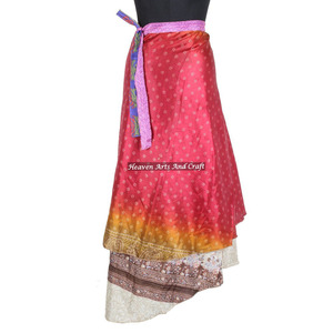 New Long Layered Sari Silk <b>Wrap</b> <b>Skirts</b> Women Wear Vintage Silk Sari Long Length <b>Wrap</b> <b>Around</b> <b>Skirt</b> 2 Layer Reversible Cover up - Product Image 3