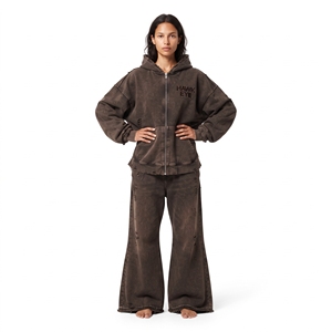 Women's Acid Wash Distressed Oversized Drop Shoulder <b>Full</b> <b>Zip</b> <b>Hoodie</b> And Wide Leg Jogger Cotton Fleece Tracksuit - Product Image 4