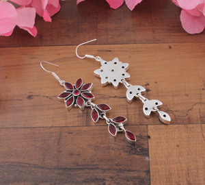925 Sterling <b>Silver</b> Natural Red Garnet Flower Drop <b>Earrings</b> | Wholesale Handcrafted Marquise Leaf Long <b>Dangle</b> Chandelier <b>Earring</b> - Product Image 4