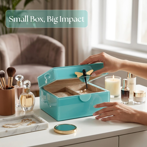Ensemble de boîtes décoratives en verre turquoise moderne avec poignée en forme de libellule métallique |   Étuis de rangement de luxe pour bijoux et maquillage de vanité - Product Image 5