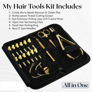 Wholesale QORVEX INSTRUMENTS Gold Stainless Steel Hair Extension Pliers Tools Kit Set Clips <b>Needle</b> Scissor 2 Hole Tool - Product Image 1