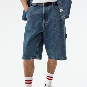 Shorts cargo en jean pour homme, taille mi-haute, délavage clair, en coton, style décontracté d'été avec poches, tissu tissé avec surpiqûres - Product Image 3