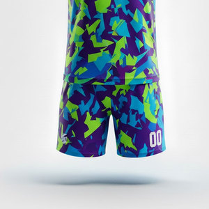 Conjunto de Uniforme de Fútbol Sublimado Personalizado, Azul, Morado y Verde Camuflaje, Cuello en V, Manga Corta, Absorbe la Humedad, Unisex para Adultos - Product Image 3