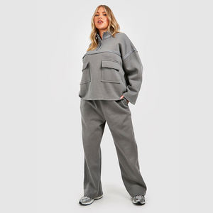 <b>womens</b> grey <b>half</b> <b>zip</b> chest pocket <b>sweatshirt</b> and wide leg jogger pants tracksuit set activewear outfit - Product Image 1