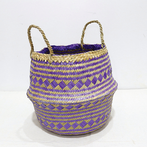 Trending Natural Palm Leaf Circle Durable Storage <b>Basket</b> Eco-friendly Purple Laundry <b>Hamper</b> - Product Image 5