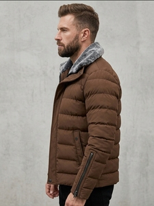 Blouson matelassé marron à capuche pour homme, col montant, fermeture éclair, coupe-vent, décontracté, pour l'hiver, rembourrage épais en polyester, coupe droite - Product Image 2