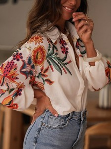 Camisa de Lino para Mujer con Estampado Floral, Botones, Manga Larga Tipo Farol, Estilo Boho, Blusa Casual Holgada con Cuello - Product Image 3