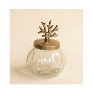 Tarro de Metal y Latón Hecho a Mano con Tapa de Latón Antiguo y Diseño de Hoja de Coral, Tarro de Vidrio Decorativo para Mesa de Comedor, Decoración Jandood - Product Image 1