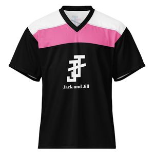 เสื้อฟุตบอลผู้หญิงสีดำ คอวี แขนสั้น ปักโลโก้แจ็คแอนด์จิล แผงสีชมพูขาว ชุดกีฬา ชุดทีม - Product Image 1