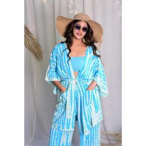 Kimono Elegante para Mujer con Estampado Tie Dye Azul y Blanco, con Frente Abierto, Pantalones Anchos Cómodos con Cintura Elástica, 100% Algodón - Product Image 1
